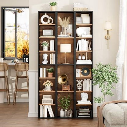 FOTOSOK 2 Pcs 71'' Tall Narrow Bookshelf, 8-Tier Media Tower Rack Set of 2 | CD DVD Storage Cabinet with Adjustable Shelves, Tall Narrow Bookcase Skinny Display Bookshelf Slim Shelf, Black/Brown - color: Black/Brown