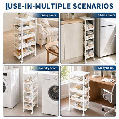 Garvee 5-Tier Slim Rolling Storage Cart, 8.1" Wooden Top Narrow Kitchen Carts on Wheels with Pull-Out Baskets, Mobile Shelving Unit Organizer for Kitchen, Bathroom, Laundry Room, Small Spaces