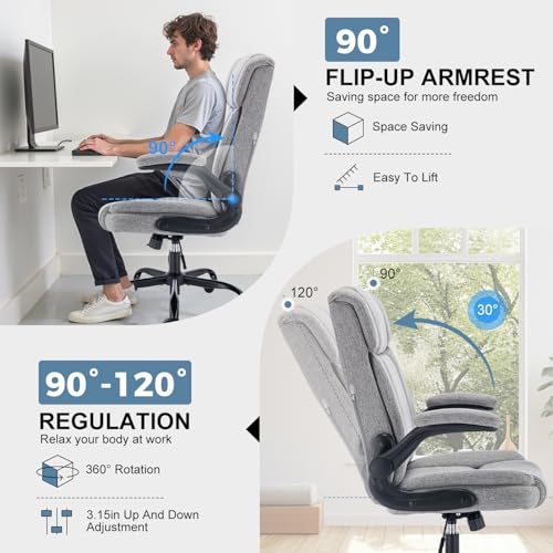 Fabric Office Chair High Back Executive Ergonomic Chair Flip Arms | Premium cloth fabric office chair with high back ergonomic support, flip-up arms, adjustable height, 90°-120° tilt function - color: Grey