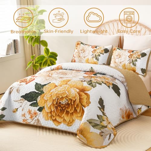 WONGS BEDDING Floral Quilt Set Yellow Queen,Quilted Printed Lightweight Bedspread Bedding Set for All Season,3 Pieces Reversible Botanical Plant Coverlet Set with 2 Pillow Shams - color: Yellow, size: Queen 90"×96"