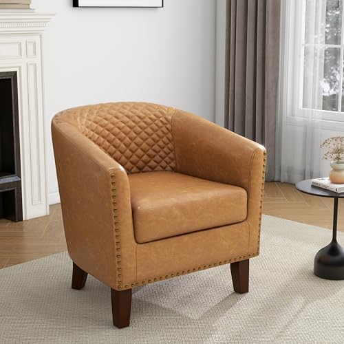 Faux Leather Accent Chair, Modern Barrel Club Chair, Coffee | Comfy Upholstered Armchair for Living Room, Round Club Chair Single Sofa Bedroom Reading Seat | 26"D*29"W*29"H - color: Coffee Brown