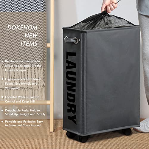 DOKEHOM 25" Slim Rolling Laundry Basket Hamper, Narrow on Wheels, Grey | Collapsible narrow laundry hamper with mesh drawstring closure. Foldable corner clothes storage bin for small spaces - color: Dark Grey/M, size: Slim Plus 25"