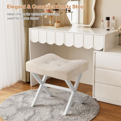 18-Inch Large Vanity Stool Chair, Beige Makeup Stool | Vanity Bench, Metal X-Legs, 350 LBS, 20"x16.9"x18", Ottoman Accent Stool, Breathable Soft Boucle Fabric Saddle Seat - size: Large, style: Beige Fabric