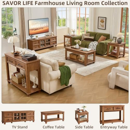 Farmhouse Coffee Table Set of 3, Brown | Rustic Wood 3 Piece Coffee and End Table Sets with Open Shelf for Living Room - color: Brown