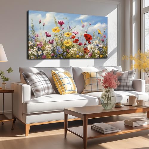 Flower Wall Art for Bedroom Teen Girl Colorful Artwork for Wall | Floral Wall Decor For Living Room,Wall Art for Office Women,Hotel Hallway Aesthetic Wall Decoration Ready To Hang 20x40 Inch - color: Yellow Red White, size: 40"L x 20"W