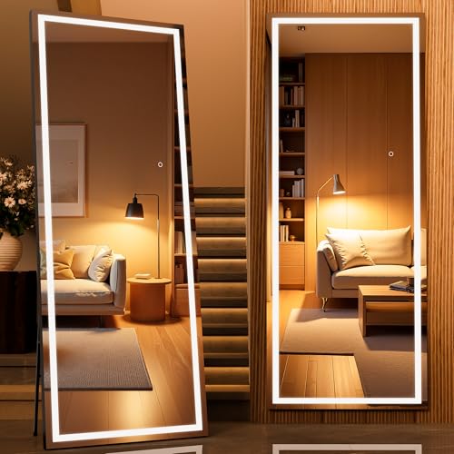 71" x 28" Full Length Mirror with Lights, LED Lighted Floor Standing Body Mirror, Dimmable & 3 Color Lighting for Bedroom, Cloakroom, Dressing Room, Tempered Glass, Black Frame - color: Black, size: 71"L x 28"W