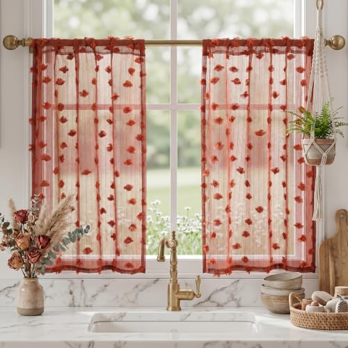 MYSKY HOME Terracotta Boho Sheer Kitchen Curtains 24 inch Length,2 Panels | Burnt Orange Rust Semi Sheer with Pom Pom,Short Tier Half Curtains for Cafe Small Window Decor, Rod Pocket,26Wx24L - color: Terracotta, size: 26"W x 24"L (Pack of 2)