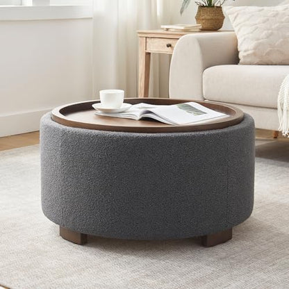 Zihanhome 30 Inch Round Storage Ottoman, Ottoman Coffee Table with Lift Off Lid, Boucle Modern Ottomans with Storage for Living Room, Bedroom, Apartments (Grey) - color: Grey
