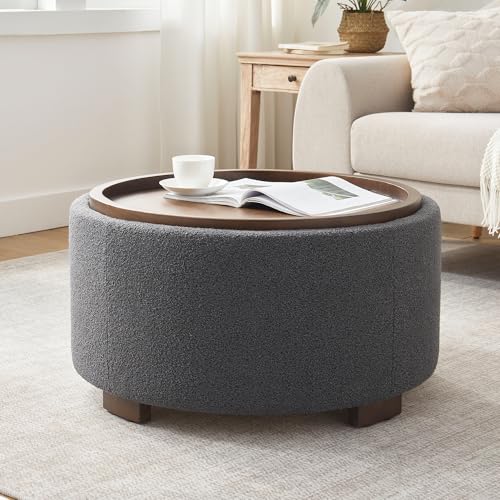 Zihanhome 30 Inch Round Storage Ottoman, Ottoman Coffee Table with Lift Off Lid, Boucle Modern Ottomans with Storage for Living Room, Bedroom, Apartments (Grey) - color: Grey