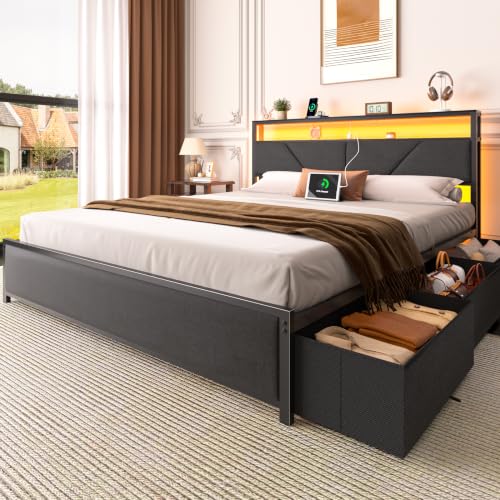 Queen Bed Frame with Storage Headboard, 6 Drawers, LED & Charging | 2-Tier Fabric Upholstered Headboard, Charging Station&RGB Lights, No Box Spring Needed, easy assembly, Noise-Free - color: Dark Gray, size: Queen
