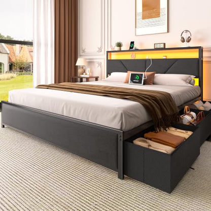 Queen Bed Frame with Storage Headboard, 6 Drawers, LED & Charging | 2-Tier Fabric Upholstered Headboard, Charging Station&RGB Lights, No Box Spring Needed, easy assembly, Noise-Free - color: Dark Gray, size: Queen