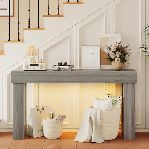 Apicizon 63" Long Console Table for Entryway with LED Light, Farmhouse Wooden Sofa Table Behind Couch, Narrow Entry Way Table for Living Room, Hallway, Entrance, Foyer, Grey - color: Grey