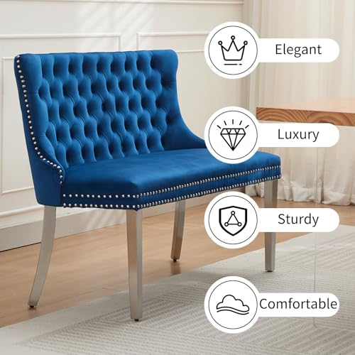 Blue Velvet Dining Bench with Back, Tufted Banquette Seating, Silver Legs | Upholstered loveseat bench; tufted back; nailhead trim; 500 lb capacity; foam and spring seat; dining room or entryway - color: Blue(silver Stainless Steel Legs)