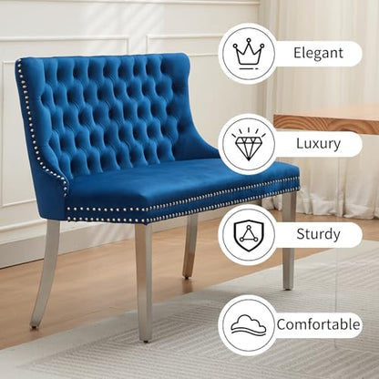Blue Velvet Dining Bench with Back, Tufted Banquette Seating, Silver Legs | Upholstered loveseat bench; tufted back; nailhead trim; 500 lb capacity; foam and spring seat; dining room or entryway - color: Blue(silver Stainless Steel Legs)