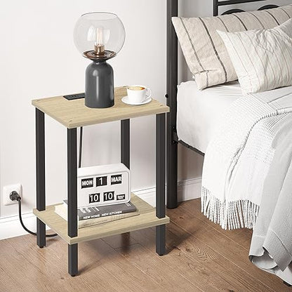 TUTOTAK End Table with Charging Station, Side Table Set of 2, Nightstand | 2-Tier Storage Shelf, Bedside Table with USB Ports, Sofa Table for Small Space, Livingroom, Bedroom Oak TB01BO041 - color: Oak