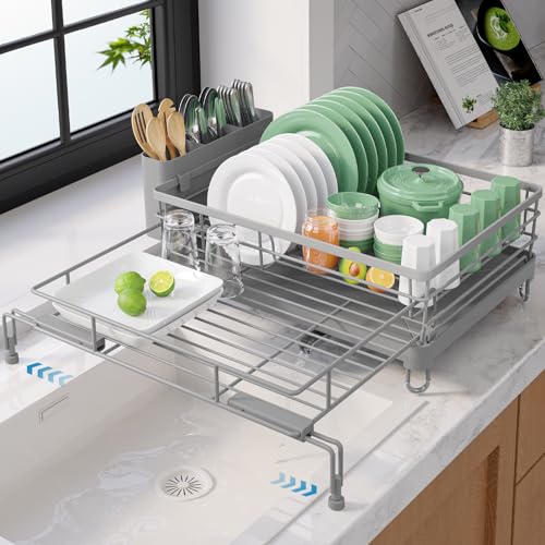 Kitsure Adjustable Dish Drying Rack, 15.6''-25.2''L × 16.9''W, Grey | Large Dish Drying Rack, Rust-Resistant Dish Racks for Kitchen Counter, With Adjustable Support Legs, Cutlery Holder - color: Gray