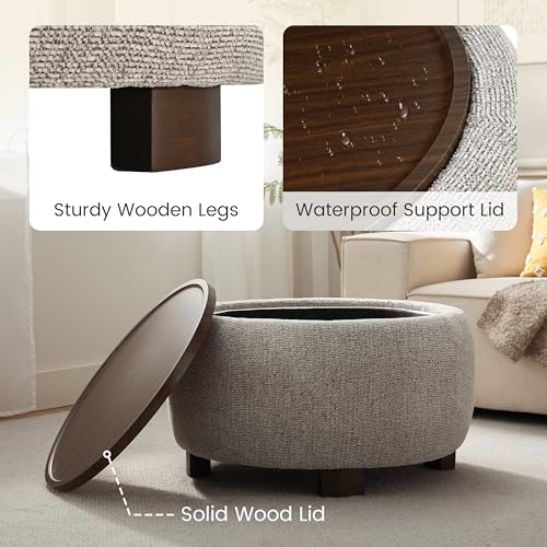 VKNOW 30" Round Storage Ottoman, Ottoman Coffee Table with Removable Wood Top and Solid Wood Legs for Living Room, Bedroom, Apartments(Brown) - color: Brown
