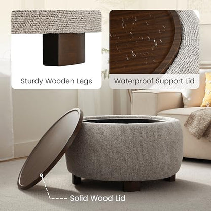 VKNOW 30" Round Storage Ottoman, Ottoman Coffee Table with Removable Wood Top and Solid Wood Legs for Living Room, Bedroom, Apartments(Brown) - color: Brown