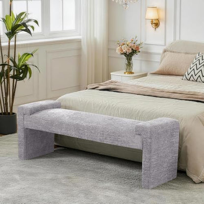 Upholstered Entryway Bench, 58.7" Modern Bedroom Bench, Grey | Sherpa Fleece, Curved Armrests, Solid Wood Frame, End of Bed, Bedroom, Living Room, Hallway - color: Grey-sherpa, size: 58.7"
