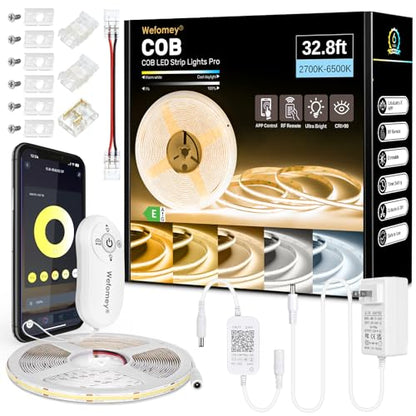 COB LED Strip Light White, Dimmable 2700K-6500K High Density 6080LEDs 24V Flexible LED Tape Light with Remote and APP Control, for Under Cabinet Bedroom Kitchen DIY Lighting,1 Rolls of 32.8ft - style: 32.8FT-2700K-6500K Tunable White