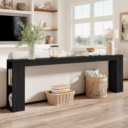 Narrow Console Table with USB Charging & Storage, 94.5" Black | Extra Long Slim, Behind Sofa Couch Table with Outlet, Black Wood Finish, for Entryway,Hallway, Easy Assembly - color: Black