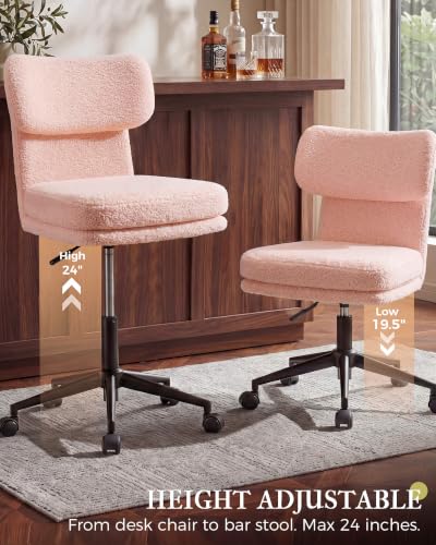 COMHOMA Vanity Chair with Ergonomic Curved Backrest, Home Office Desk Chair with Silent Wheel, Wide Seating Computer Chair for Girls Women Bedroom, Soft Teddy Fabric, Pink - color: Pink, Teddy Fleece