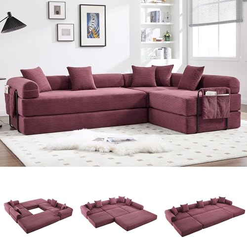 L-Shape Modular Sectional Sofa Bed, Corduroy Boneless Couch, Red | Boneless Couches for Living Room, Sleeper Futon Sofa Bed, Modular Couch with Storage, Pull Out Couch, No Assembly Required - color: Red