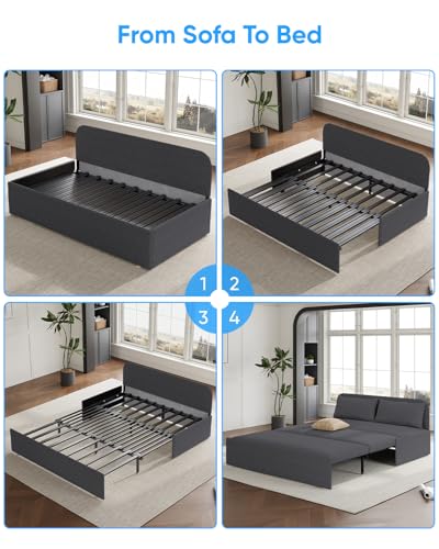 64.2" Queen Size Pull Out Sofa Bed，3-in-1 Linen Convertible Sleeper Sofa Bed,Loveseat Pullout Bed with Pillows and Tri-fold Mattress for Small Space/Bedroom,Dark Grey - color: Dark Grey, size: Queen