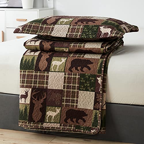 Reversible Lodge Plaid Bedding Moose Bear Quilt King Size Rustic Bedspread Cabin Coverlet Wildlife Forest Daybed Cover Summer Lightweight Bed Cover Pillow Shams - color: Brown Green, size: King(108"x96")