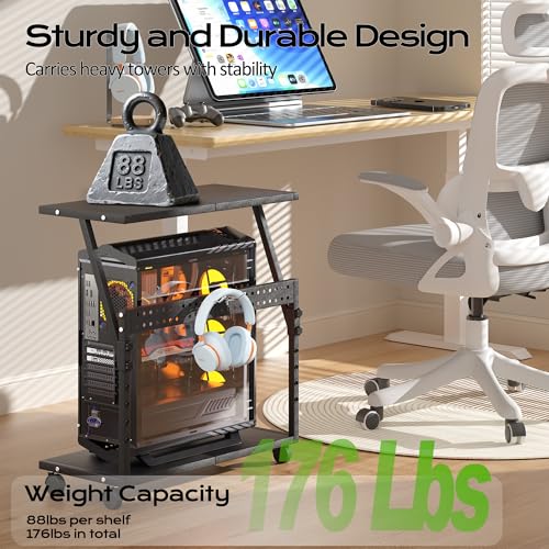 24In Large PC Stand, 5 Levels Height Adjustable Computer Tower Stand with Wheels and Hooks, CPU Holder Cart for Floor, Carpet and Under Desk, Easy Assembly（NOT Including Power Strips） - color: Black