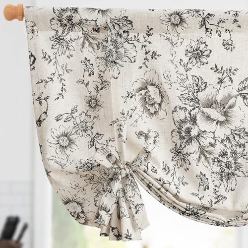 jinchan Alice Linen Kitchen Window Valance, Tie up, 42x54, 1 Panel, Black | Light filtering, linen blend, rod pocket, farmhouse style, rustic decor, kitchen, bathroom, laundry room, RV, small windows - color: Alice | Black on Linen, size: 42"W x 54"L (Pac