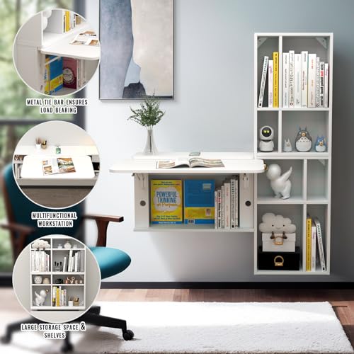 Floating Desk with Storage Shelves, 81'' Wall Mounted Desk Laptop Writing Study Table, Folding Drop Leaf Table, Multifunctional Computer Workstation for Narrow Small Space