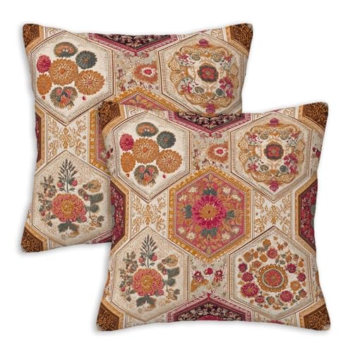Boho Moroccan Throw Pillow Covers 18x18 Set of 2 | Vintage Rug Medallion Cushion Cases | Oriental Decorative Pillow Covers for Couch Sofa Bedroom Living Room | Hidden Zipper - color: Moroccan Floral