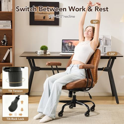 YFO Home Office Desk Chair Office Rubber Casters Ergonomic Computer Chair with Lumbar Support Adjustable Height Rolling Swivel Executive Task Armrests Chair， Brown Leather - color: Brown, size: Mid Back