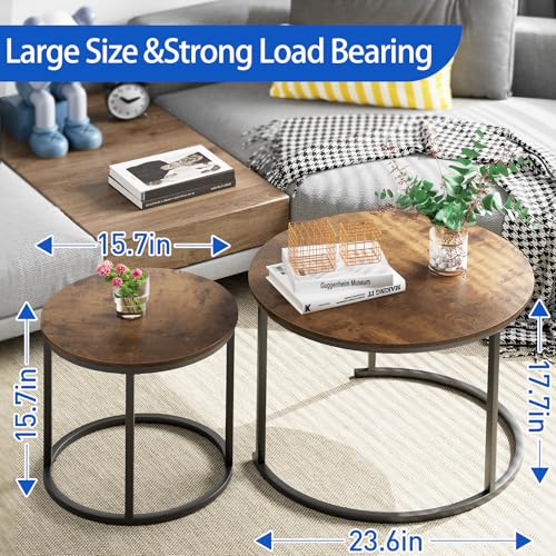 aboxoo Coffee Table Nesting Round Table Set of 2 Side Table with Sturdy Metal Frame for Living Room Bedroom Apartment Modern Industrial Simple Nightstand,Rustic Brown - color: Rustic Brown