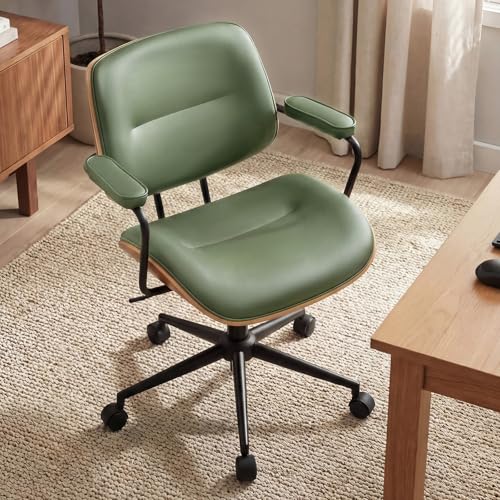 Mid Century Modern Office Chair with Armrest and Adjustable Backrest, Green | Wooden frame with armrests & adjustable backrest, swivel & height-adjustable, PU leather seat for home office comfort - color: Green