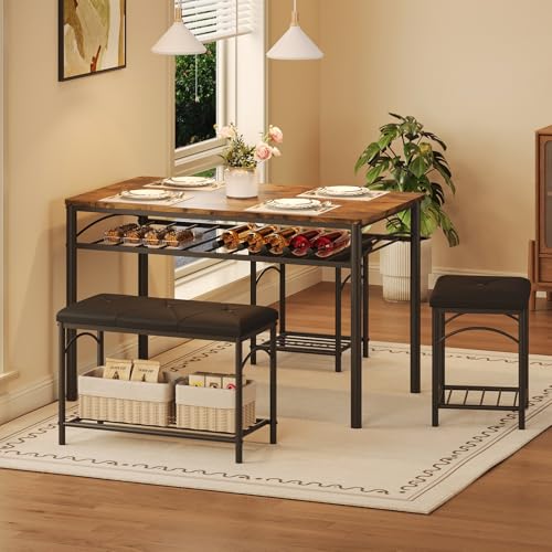 Space-Saving Dining Table Set for 4, Modern Kitchen Dinette with Padded Upholstered Bench & 2 Stools, Anti-Wobble Metal Frame Dining Furniture with Multi-Layer Storage Shelf, Waterproof Wood Grain Tab - color: Brown
