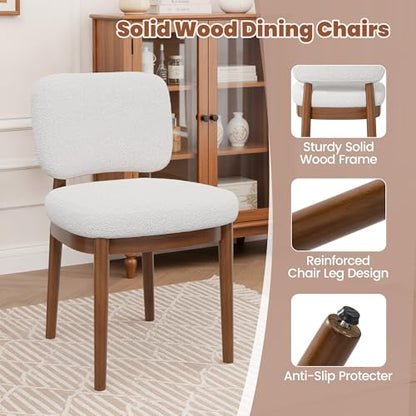 Wooden Dining Chairs Set of 6, Boucle Upholstered Kitchen Chairs with Solid Wood Legs, Mid Century Modern Dining Chairs, Farmhouse Side Chair with Hardwood Frame for Dining Room, White - color: White, size: Set of 6