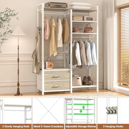 78.7'' Clothes Rack for Hanging Clothes - Reversible Clothing Rack with 2 Drawers, Heavy Duty Garment Racks with Shelves, 6 Tiers Freestanding Closet Wardrobe System with Hanging Hooks, White Oak - color: White Oak, size: 45.3"W