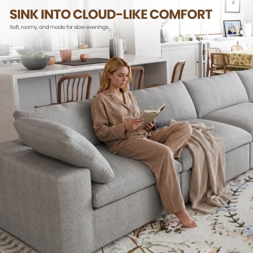 118" Cloud Modular Sofa, Convertible Modular 3 Seater Couch, Cotton Linen Fabric Sofa for Living Room, Apartment and Bedroom, Removable Covers, 2 Pillows, Grey - color: Grey, size: 3-Seater