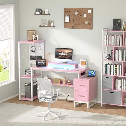 Computer Desk with 2 Fabric Drawers - Reversible Home Office Desk with Power Outlet & LED Lights, 53" Writing Desk with Monitor Stand & Storage Shelves, Gaming Desk Study Table with Pegboard, Pink - color: Pink