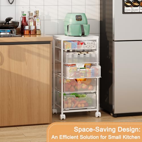 Kitchen Storage Cart with Wheels, 5-Tier Fruit Vegetable Storage Cart, Kitchen Organizer and Storage Cart with Drawers, Wooden Top Metal Wire Pantry Storage Cart for Fruit Snack Onion Potato, White - size: 5-Tier White