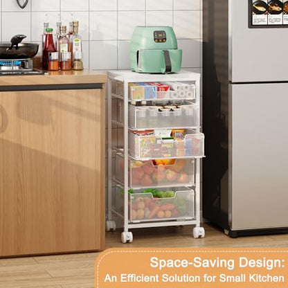 Kitchen Storage Cart with Wheels, 5-Tier Fruit Vegetable Storage Cart, Kitchen Organizer and Storage Cart with Drawers, Wooden Top Metal Wire Pantry Storage Cart for Fruit Snack Onion Potato, White - size: 5-Tier White