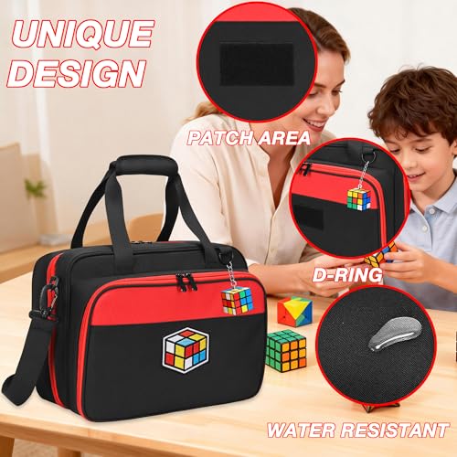 Speed Cube Case Holds 30+ Cubes and Timer with Shoulder Strap | Puzzle Cube Storage Bag with 6 Clear PVC Pockets, Front Organizer, D-Ring, Handles and Detachable Shoulder Strap, Black