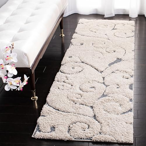 SAFAVIEH Florida Shag Collection Runner Rug - 2'3" x 7', Beige & Blue Grey, Scroll Design, Non-Shedding & Easy to Clean, High-Low Plush Pile, Ideal for Bedroom, Foyer, Hallway (SG455-1155) - color: Beige/Blue Grey, size: 2'3" x 7' (Runner)