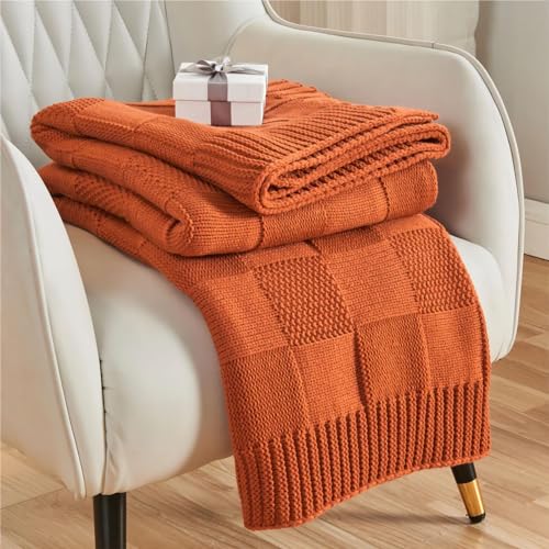 CozeCube Rust Orange Knitted Checkered Throw Blanket 50"X60" | Check Knit Throw for Couch, Decorative Christmas Soft Cozy Warm Blanket for Bed Sofa Living Room - color: Rust Orange, size: 50"X60"