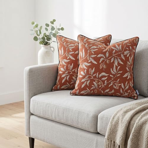 Coffee Vintage Floral Pillow Covers 18x18 Inch Set of 2, Cotton Plant Throw Pillow Decorative Cover Square Farmhouse Decorative Pillow Cover for Couch Living Room Bedroom - color: Coffee, size: 18" x 18" (Pack of 2)