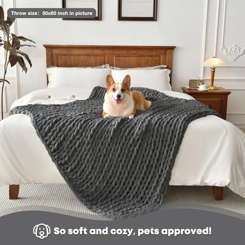 Soft Chunky Knit Blanket, 40X50 in Handmade Thick Chenille Yarn Throw Without Shedding & Raveling, Aesthetic & Cozy Home Decor with Couch Sofa Bed, Gift Pack, Dark Grey - color: Dark Grey, size: 40x50 inches