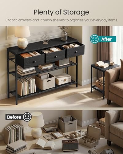 SONGMICS Console Table, Narrow Sofa Table with 2 Mesh Shelves | For Entryway, Living Room, 3 Fabric Drawers, Ebony Black, BELLAH Collection ULGS098B201 - color: Ebony Black, size: 11.8"D x 38.9"W x 31"H (3 Drawers)