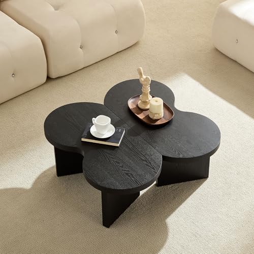 31.49" Nesting Coffee Table Set of 2 for Living Room, Couch/Bedroom Side, Unique Butterfly Shaped, Irregular Wood Fun Center Table for Small Space- Black - color: 31.5"&31.5"-black
